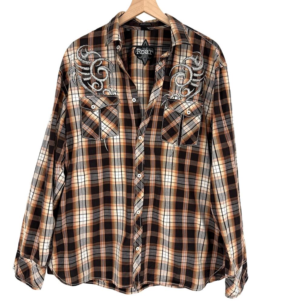 Roar Mens XXL Brown Plaid Pearl Snap Shirt Y2K Western Embroidered Wing